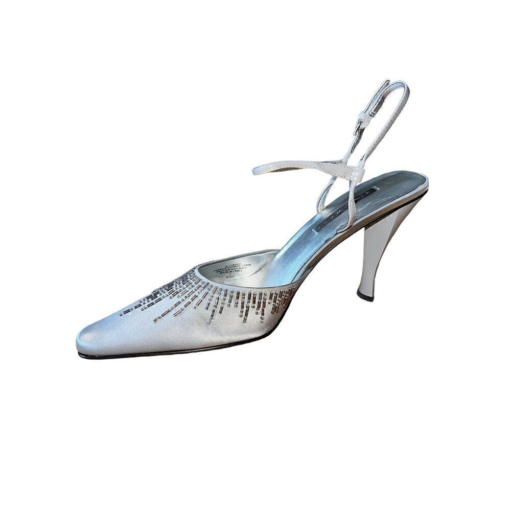 Nine West Cordial Pearl Grey Fabric Rounded Toe Strappy Heels Womens Sz 10 NEW